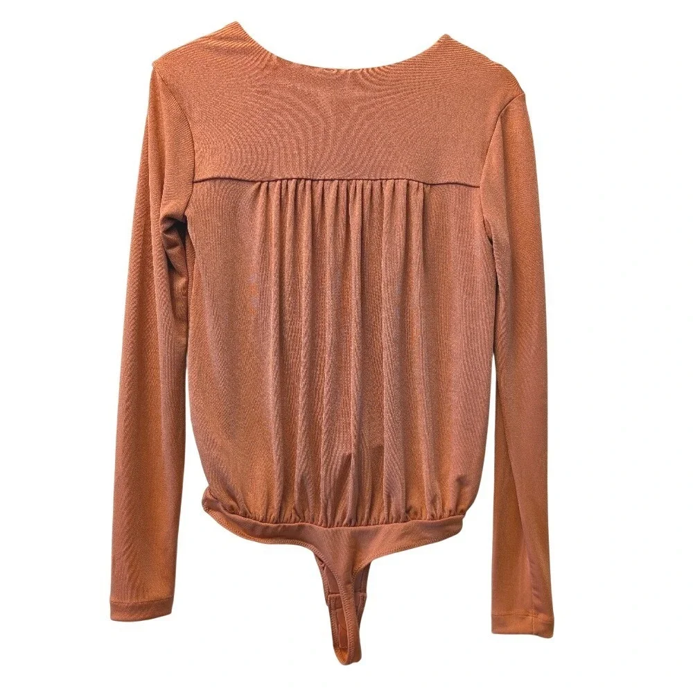 Free People Intimately Ginger Spice Deep V Long Sleeve Bodysuit OB1064738 NWT M‎